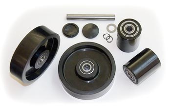 GWK-TM55-CK, Complete Wheel Kit, (2) Ultra-Poly Load Roller Assemblies (70D), (2) Poly Steer Wheel Assemblies, W/ Bearings, Axles and Fasteners
