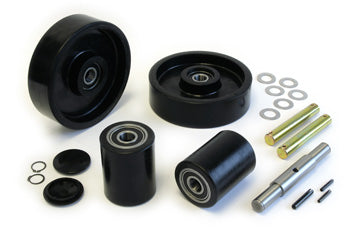 GWK-AC25-CK, Complete Wheel Kit-Includes (2) Ultra-Poly (70D) Load Wheel Assemblies &-(2) Poly Steer Wheel Assemblies with Bearings, Axles & Fasteners Fits Noble Lift Model AC25