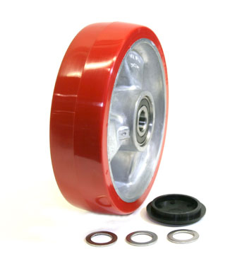MO 101/210-A-HD, Steer Wheel Assy, Red Ultra Poly On Aluminum Hub W/ Bearings, 3/4 ID Bearing 